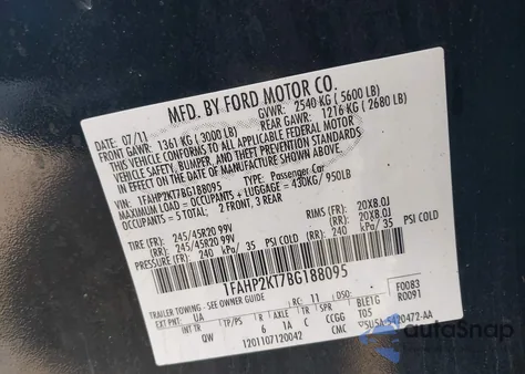 2011 Ford Taurus Sho из США, поврежденный, VIN 1FAHP2KT7BG188095